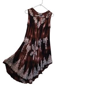 Vintage Jessica Taylor Brown Sleeveless Asymmetrical Hem Tie-Dye Midi Dress L